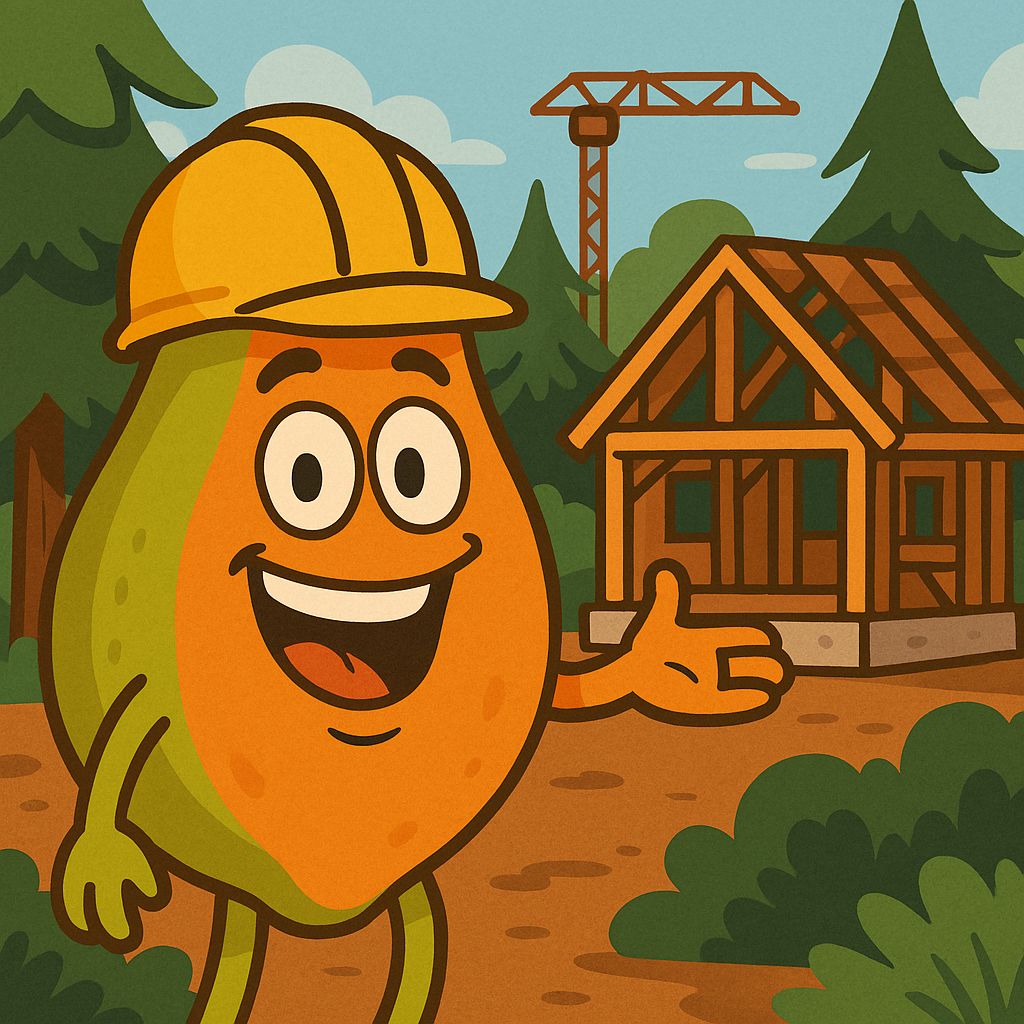 Illustration of Joe Papaya, founder, in a hard hat in front of a house frame under construction