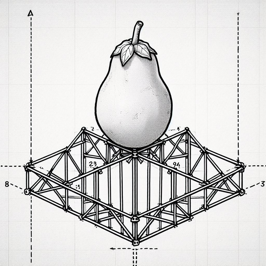 Line drawing of a papaya resting on a wood truss framework